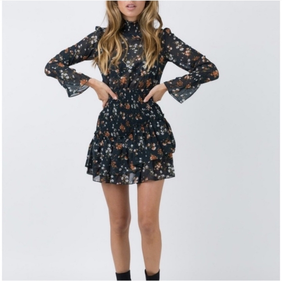 Princess Polly Evening Bloom Green Floral Ruffled Long Sleeve Mini Dress 2 - Picture 1 of 9